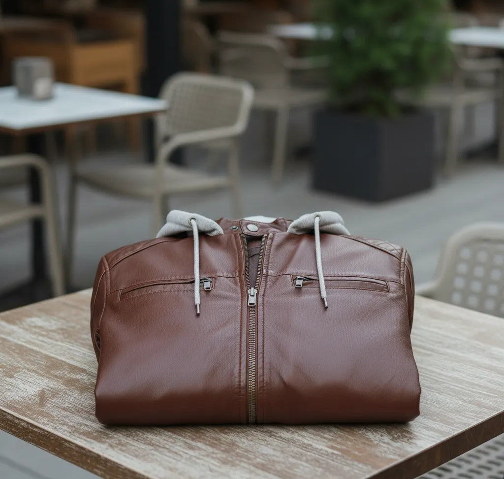 Brown Leather Bomber Jacket with Grey Hoodie for Men | Stylish & Versatile Outerwear
