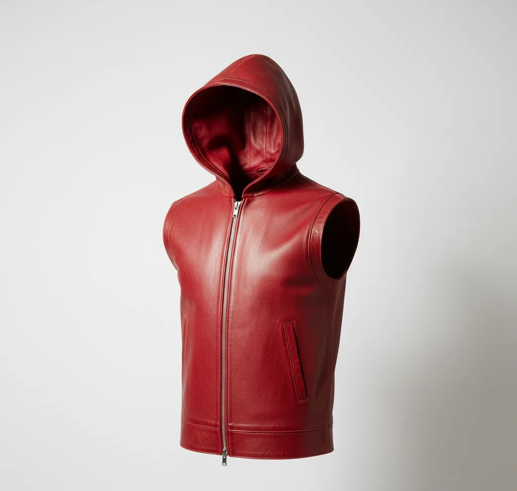 Red Leather Hooded Vest for Men | Premium Quality Leather Sleeveless Hoodie Jacket