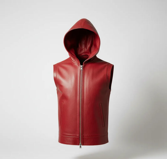 Red Leather Hooded Vest for Men | Premium Quality Leather Sleeveless Hoodie Jacket