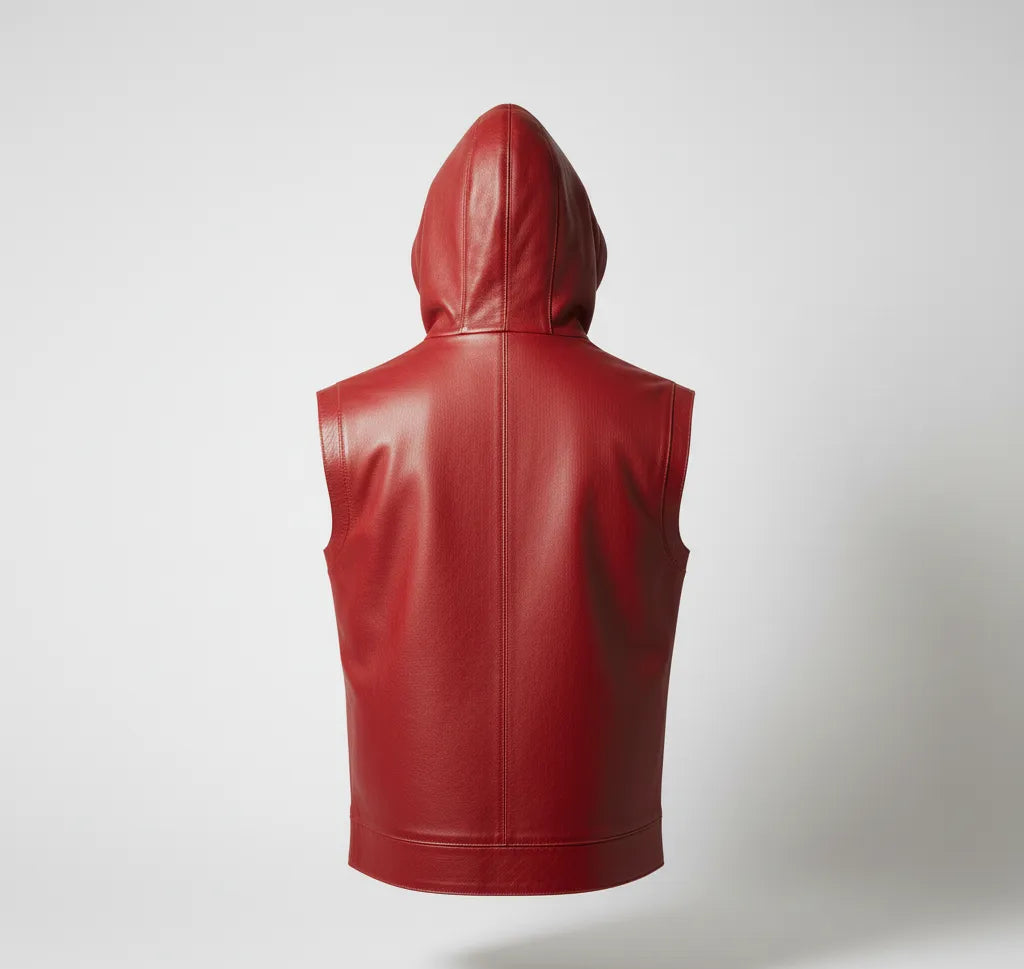 Red Leather Hooded Vest for Men | Premium Quality Leather Sleeveless Hoodie Jacket