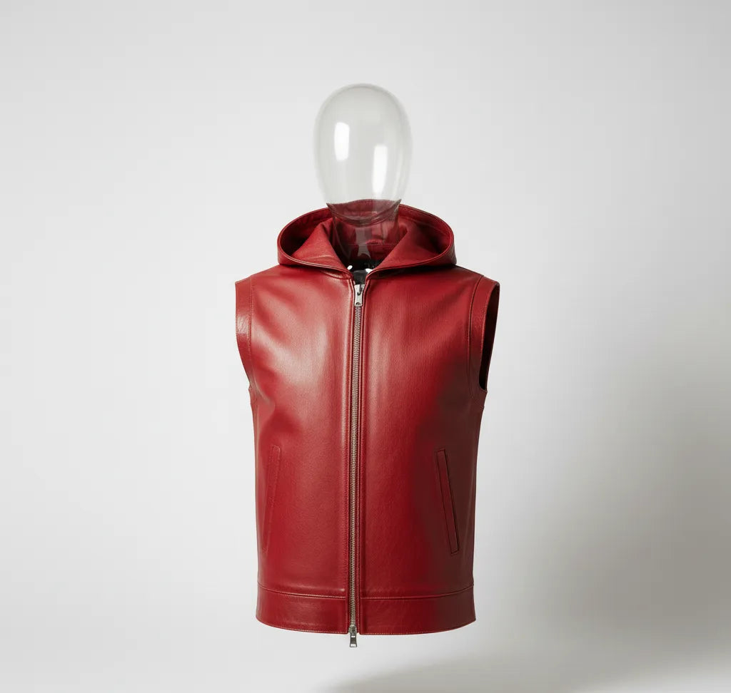 Red Leather Hooded Vest for Men | Premium Quality Leather Sleeveless Hoodie Jacket