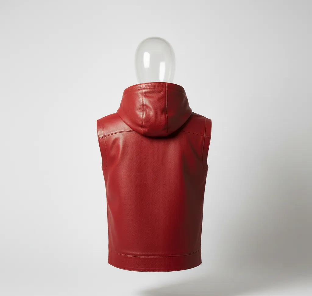 Red Leather Hooded Vest for Men | Premium Quality Leather Sleeveless Hoodie Jacket