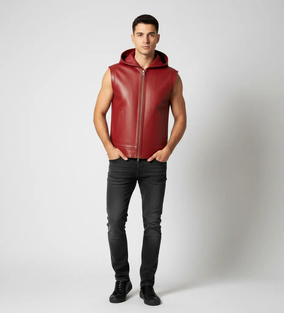 Red Leather Hooded Vest for Men | Premium Quality Leather Sleeveless Hoodie Jacket