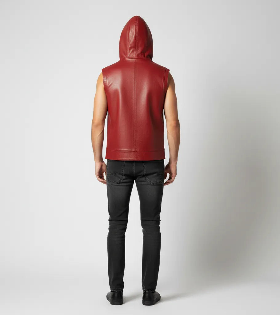 Red Leather Hooded Vest for Men | Premium Quality Leather Sleeveless Hoodie Jacket