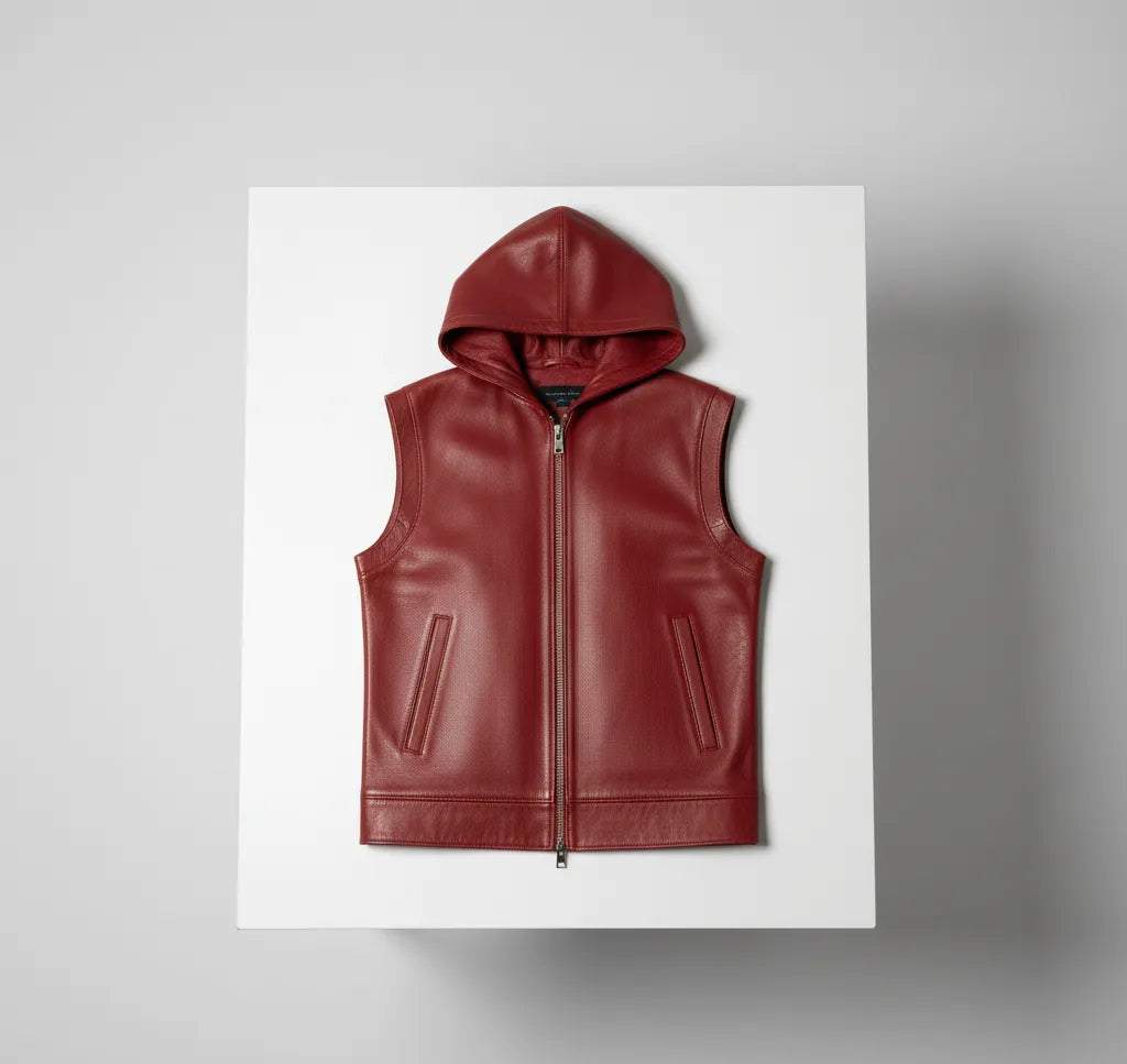 Red Leather Hooded Vest for Men | Premium Quality Leather Sleeveless Hoodie Jacket