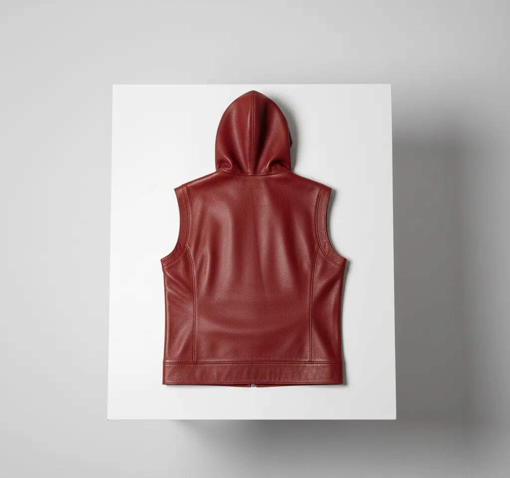 Red Leather Hooded Vest for Men | Premium Quality Leather Sleeveless Hoodie Jacket