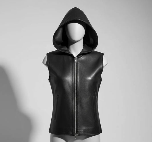 Black Leather Hooded Vest for Women | Premium Quality Sleeveless Hoodie Jacket