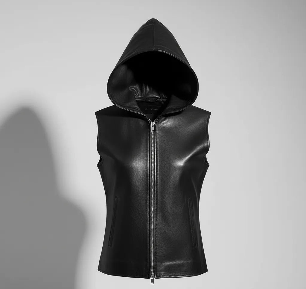 Black Leather Hooded Vest for Women | Premium Quality Sleeveless Hoodie Jacket