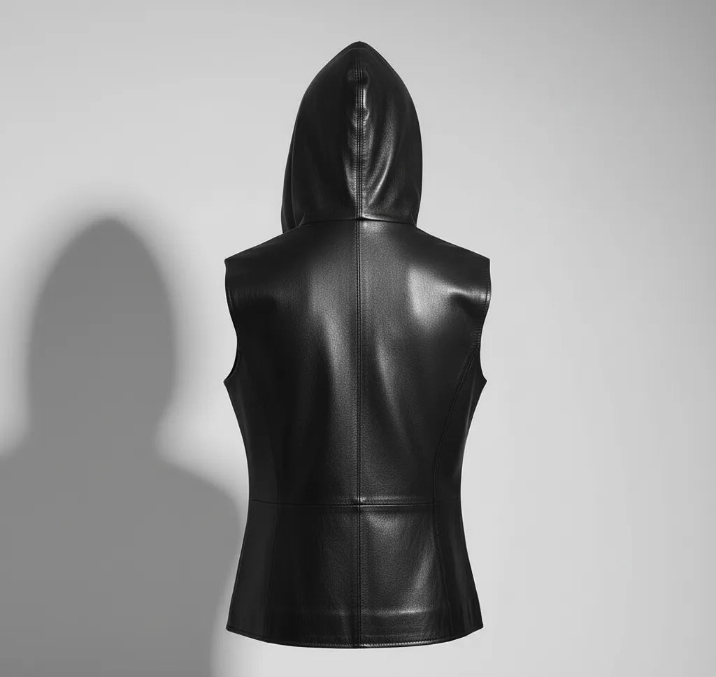 Black Leather Hooded Vest for Women | Premium Quality Sleeveless Hoodie Jacket