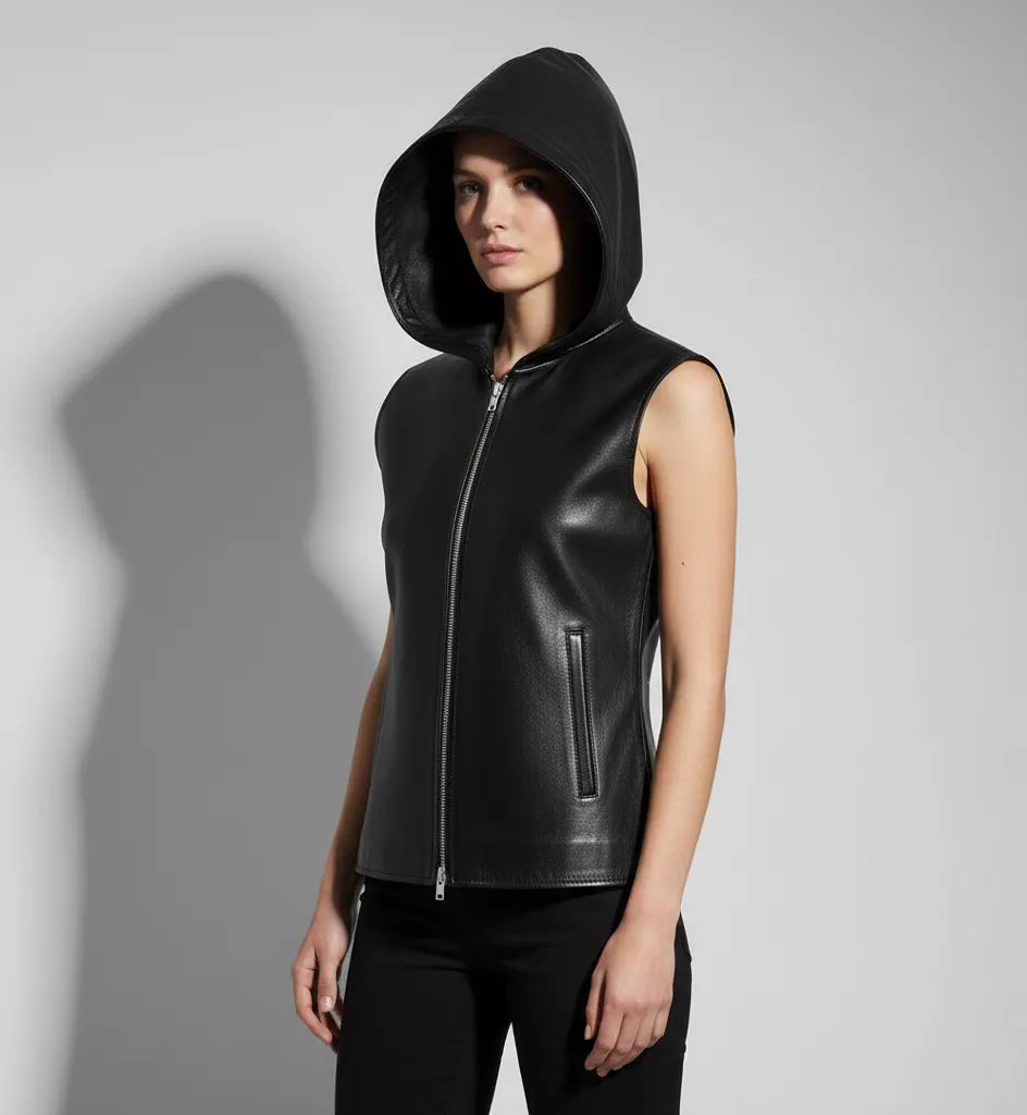 Black Leather Hooded Vest for Women | Premium Quality Sleeveless Hoodie Jacket