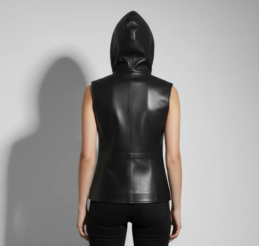 Black Leather Hooded Vest for Women | Premium Quality Sleeveless Hoodie Jacket