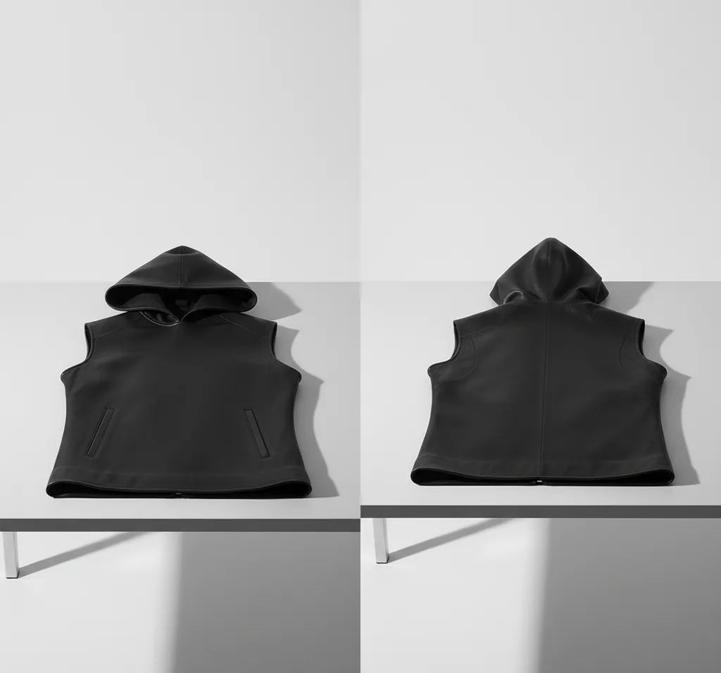 Black Leather Hooded Vest for Women | Premium Quality Sleeveless Hoodie Jacket