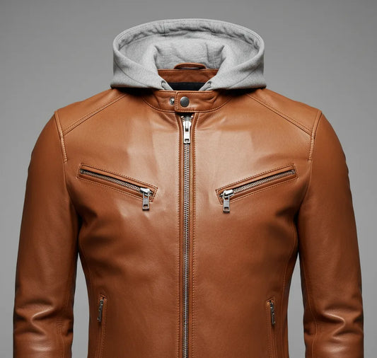 Stylish Brown Leather Jacket with Fleece Hood for Men | Premium Comfort & Modern Look