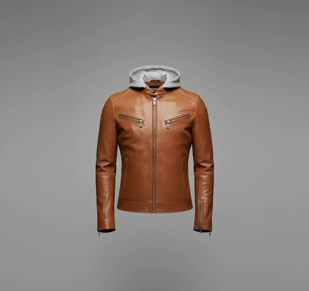 Stylish Brown Leather Jacket with Fleece Hood for Men | Premium Comfort & Modern Look
