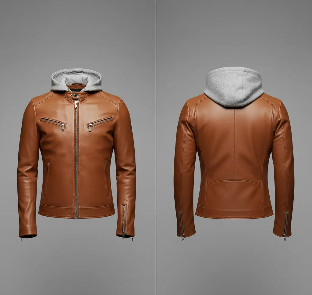 Stylish Brown Leather Jacket with Fleece Hood for Men | Premium Comfort & Modern Look