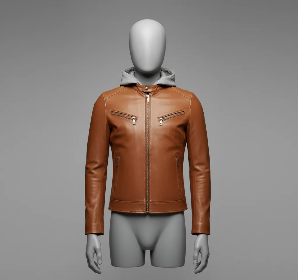 Stylish Brown Leather Jacket with Fleece Hood for Men | Premium Comfort & Modern Look