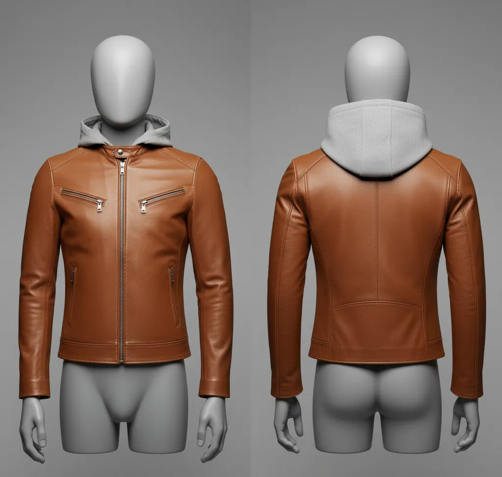 Stylish Brown Leather Jacket with Fleece Hood for Men | Premium Comfort & Modern Look