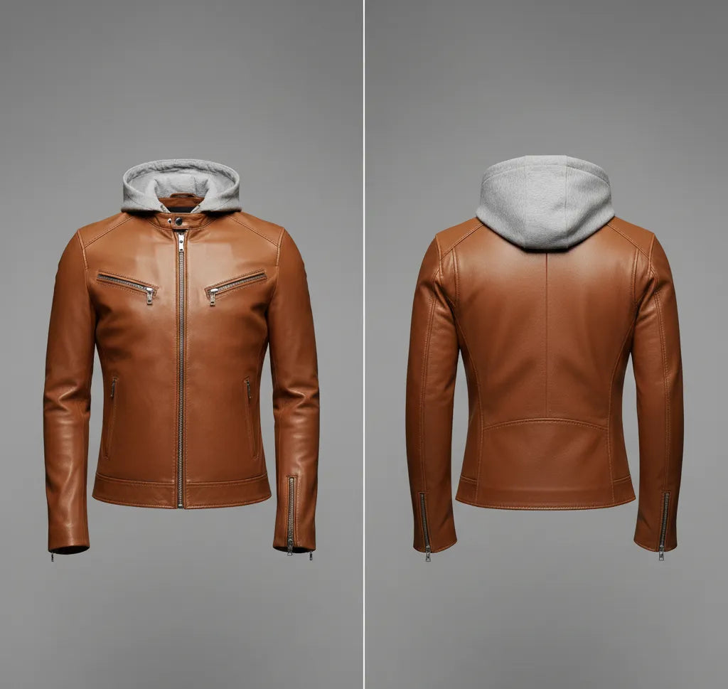 Stylish Brown Leather Jacket with Fleece Hood for Men | Premium Comfort & Modern Look