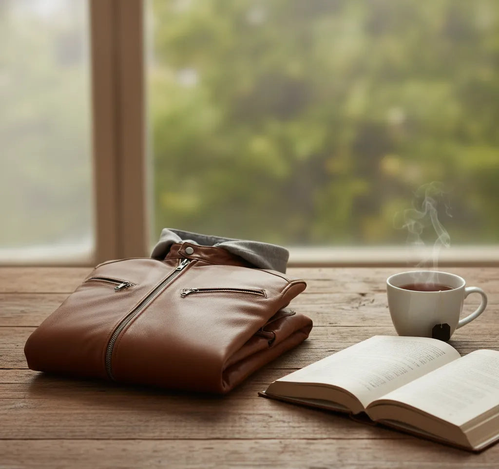 Stylish Brown Leather Jacket with Fleece Hood for Men | Premium Comfort & Modern Look