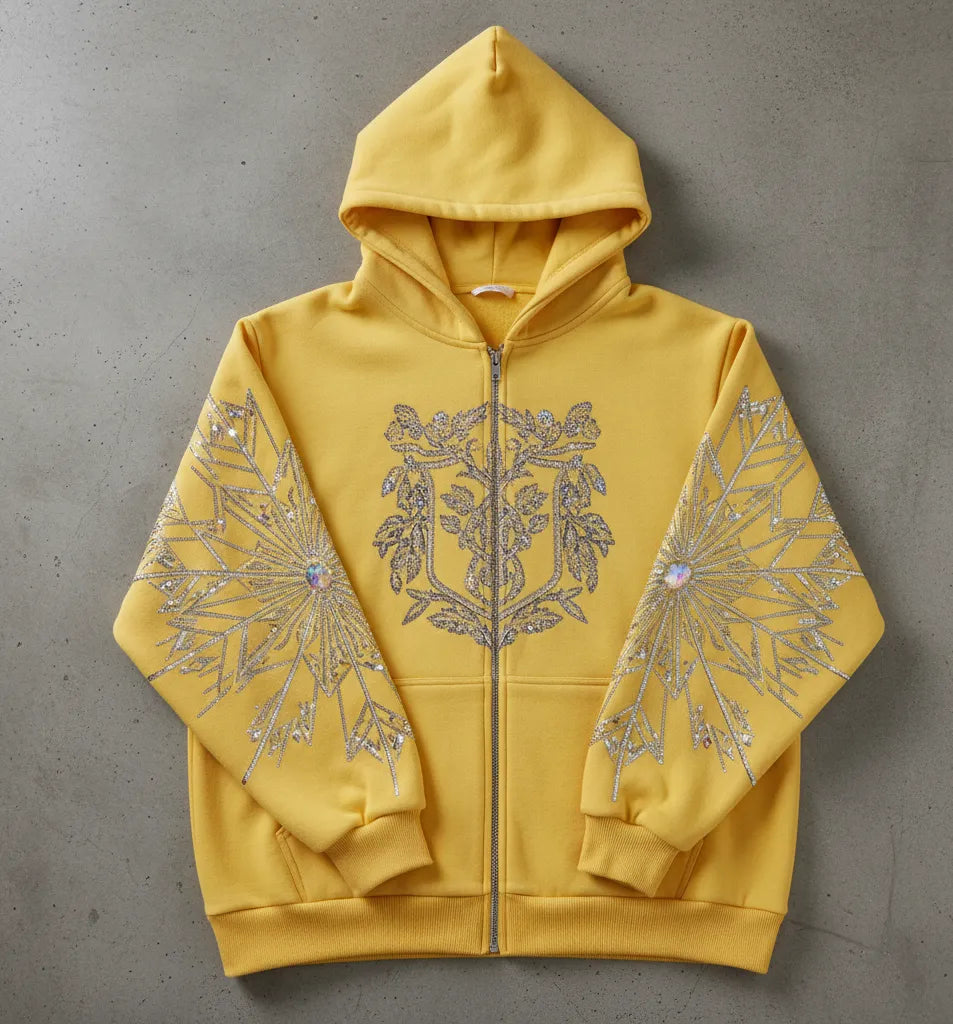 "Elegant Rhinestone Yellow Hoodie with Unique Floral Design"