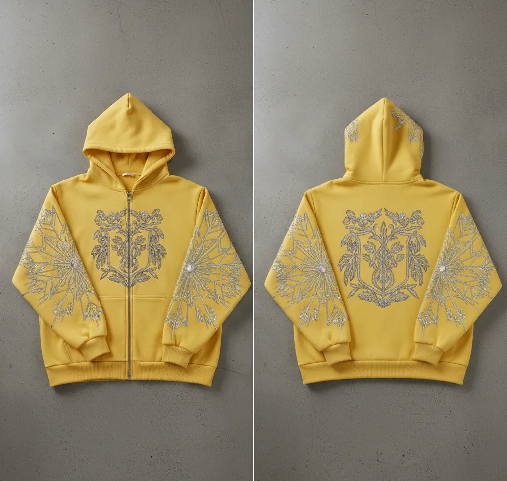 "Elegant Rhinestone Yellow Hoodie with Unique Floral Design"