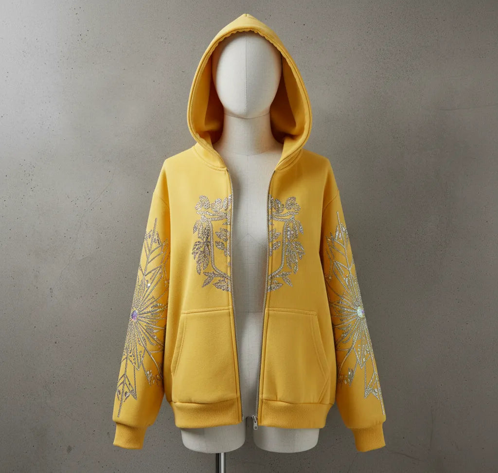 "Elegant Rhinestone Yellow Hoodie with Unique Floral Design"
