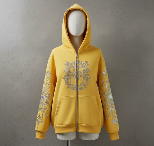 "Elegant Rhinestone Yellow Hoodie with Unique Floral Design"