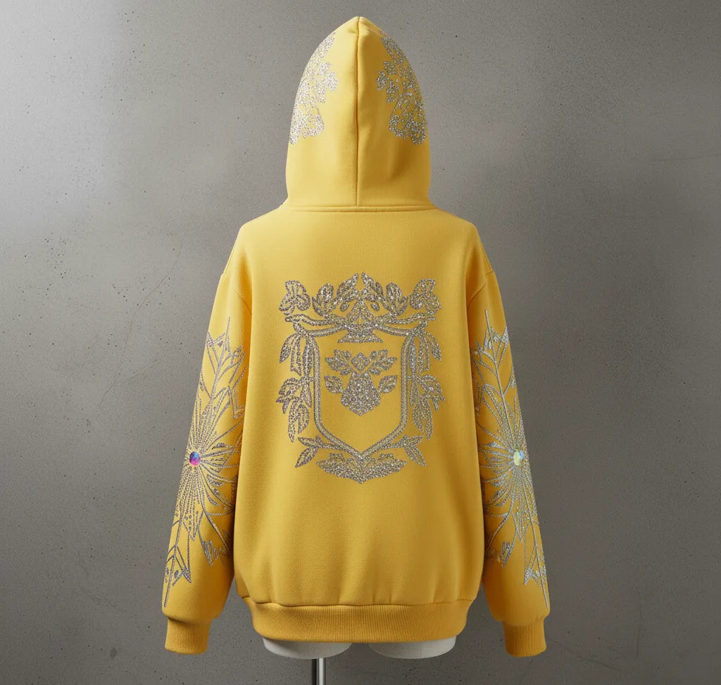 "Elegant Rhinestone Yellow Hoodie with Unique Floral Design"