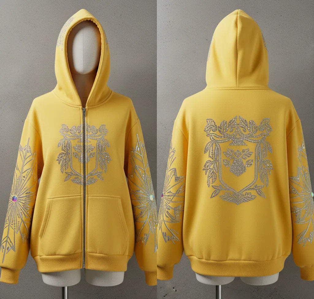 "Elegant Rhinestone Yellow Hoodie with Unique Floral Design"