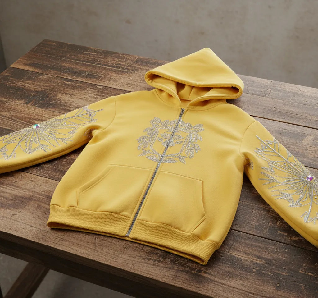 "Elegant Rhinestone Yellow Hoodie with Unique Floral Design"