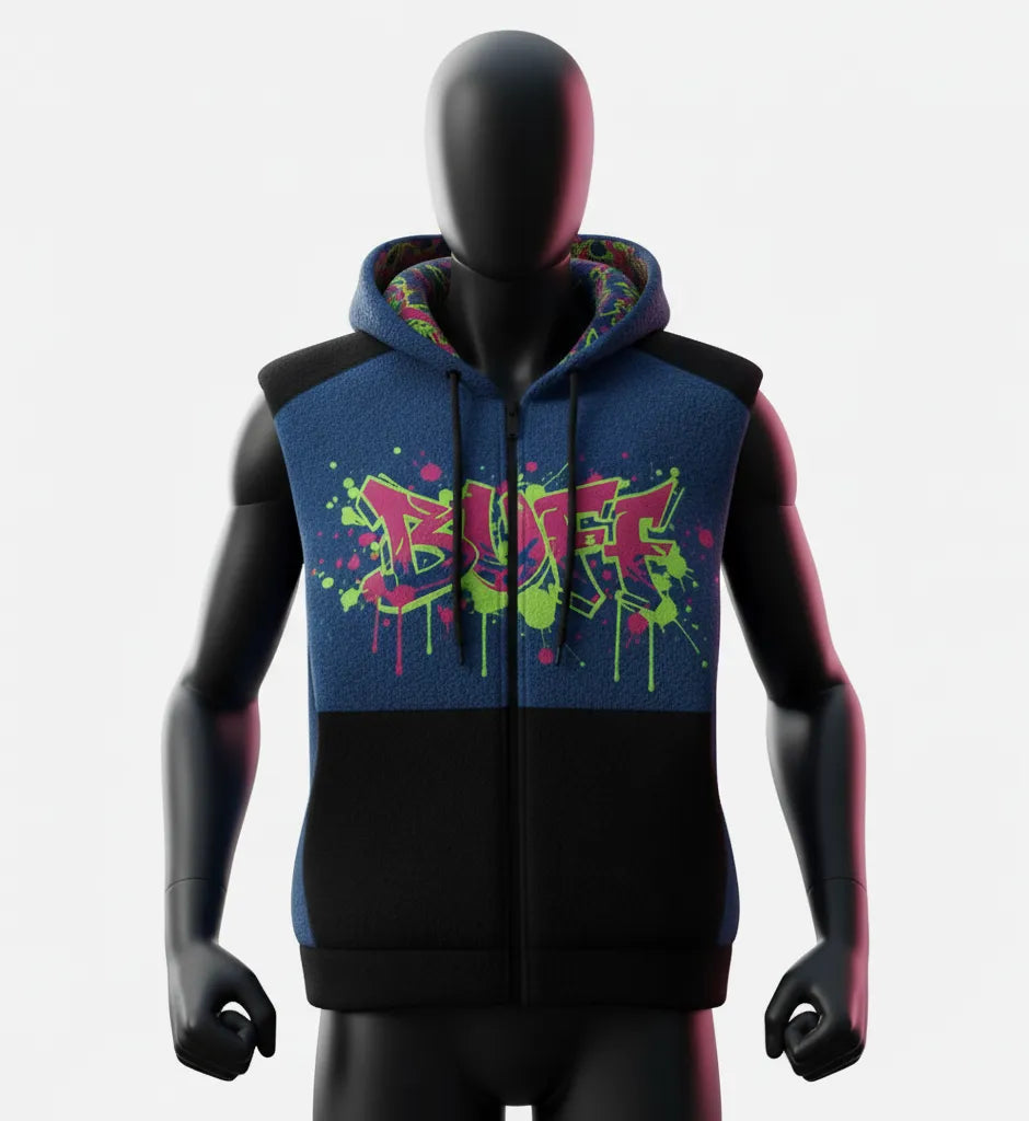 Buff Graffiti Hoodie Vest - Urban Streetwear | Trendy & Stylish Zip-Up Hoodie with Vibrant Design