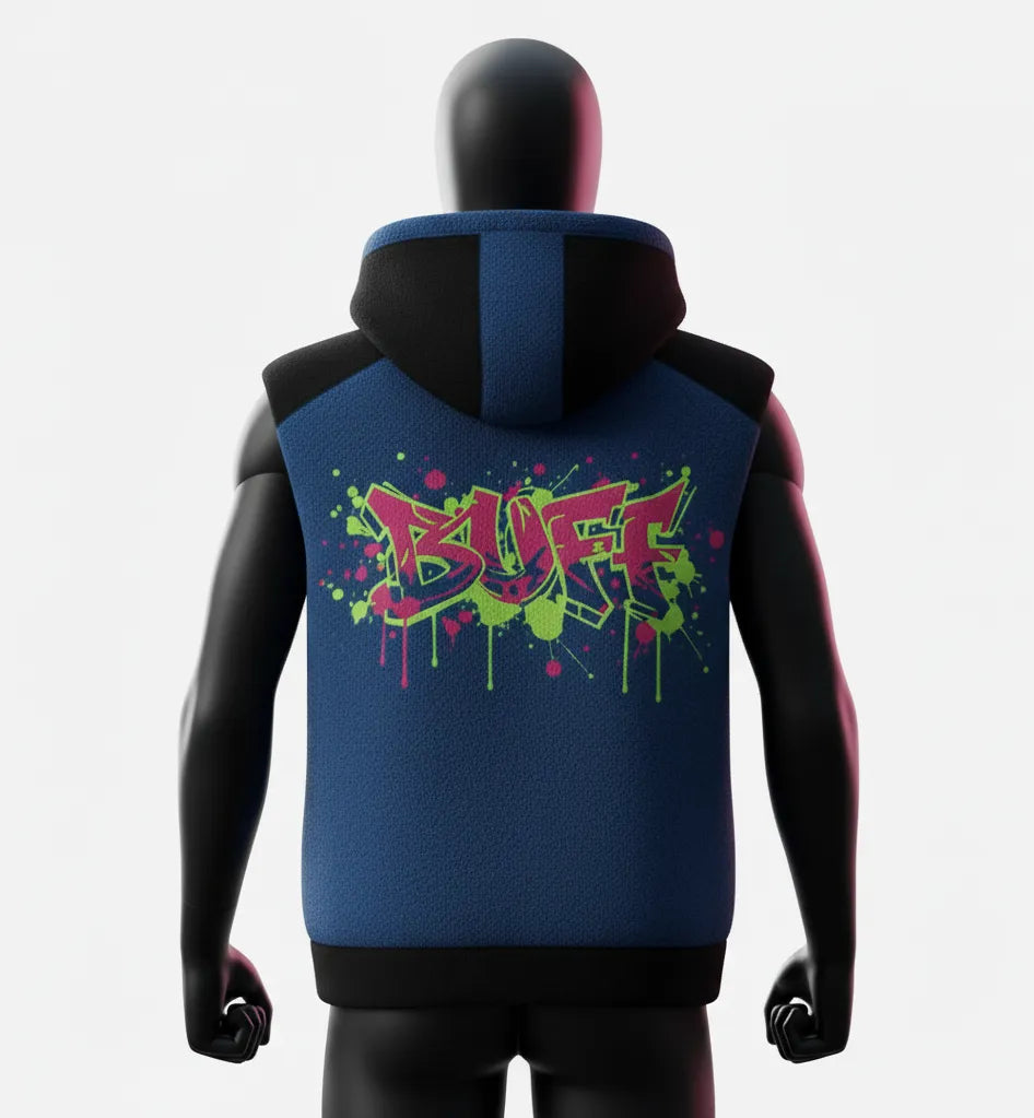 Buff Graffiti Hoodie Vest - Urban Streetwear | Trendy & Stylish Zip-Up Hoodie with Vibrant Design