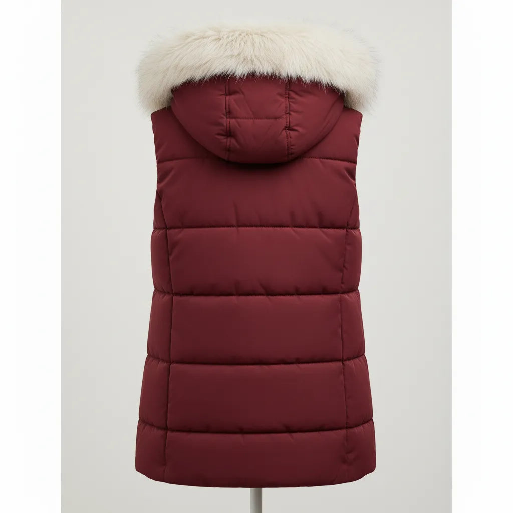 Seekerxg Women's Sleeveless Puffer Jacket with Faux Fur Hood – Stylish Warmth for Fall & Winter