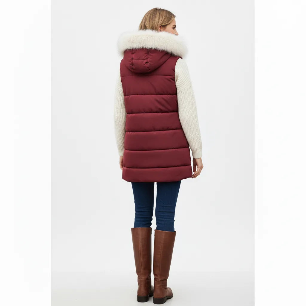Seekerxg Women's Sleeveless Puffer Jacket with Faux Fur Hood – Stylish Warmth for Fall & Winter